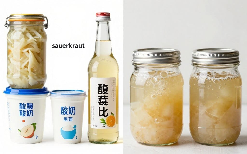 Comparison of store-bought and homemade fermented foods with labels visible