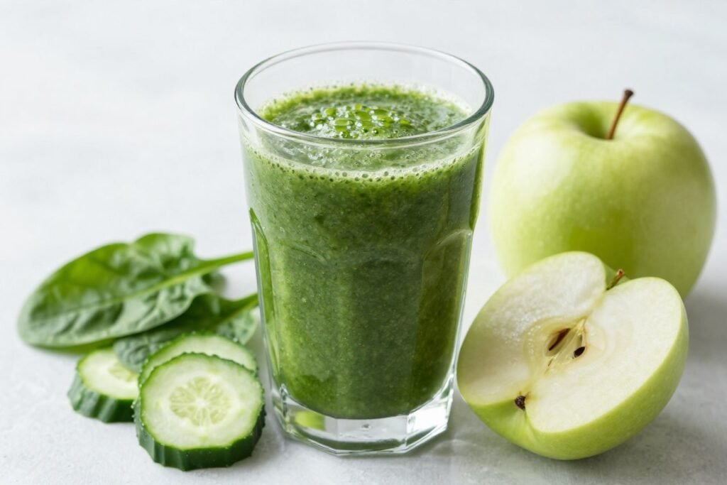 Cucumber smoothie with green vegetables and fruits in glass Cucumber smoothie with green vegetables and fruits in glass