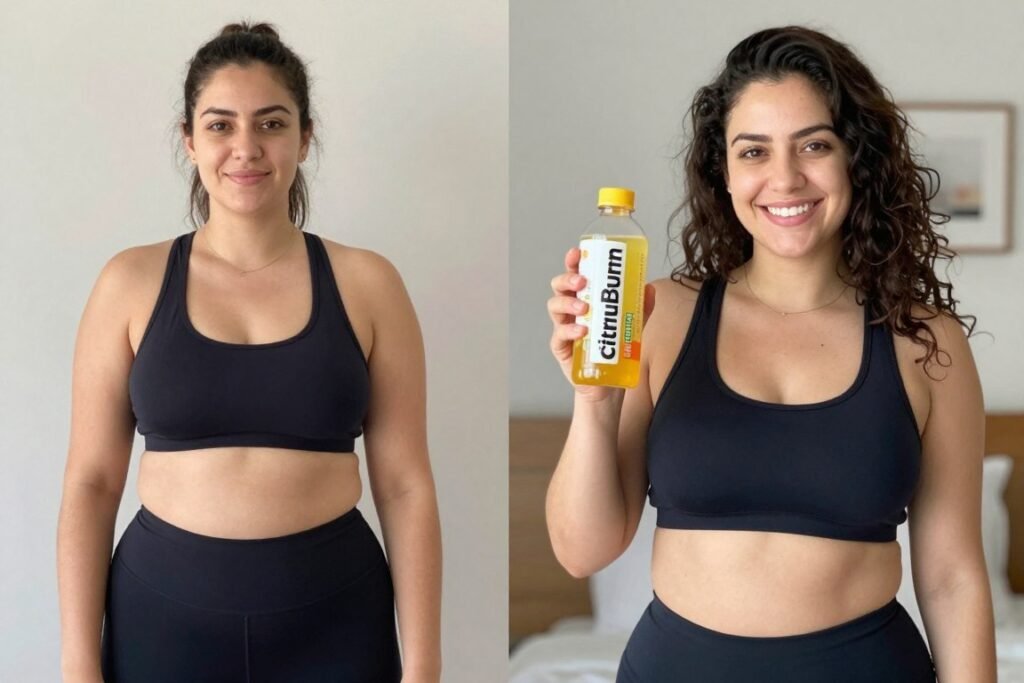 Happy customer with CitrusBurn showing successful weight loss transformation