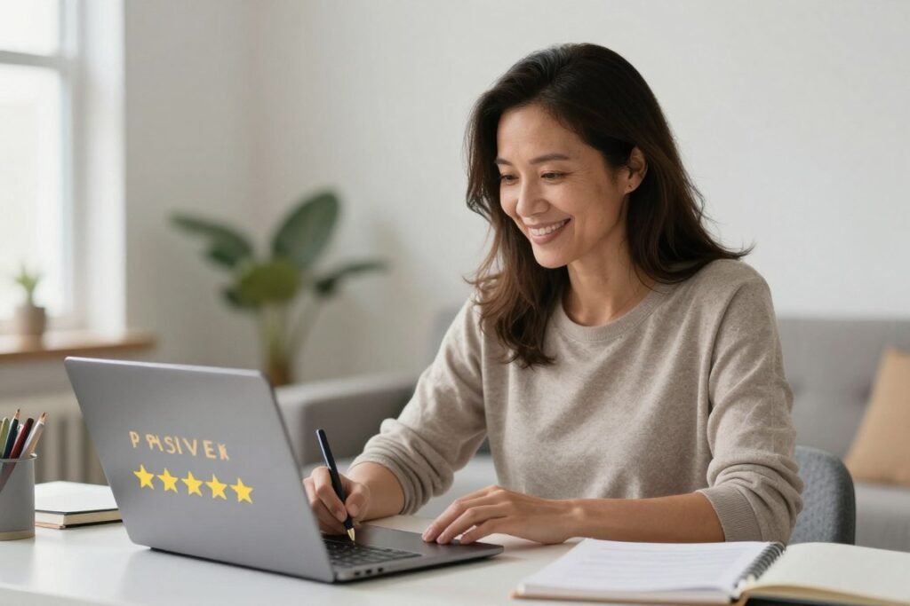 Happy mature woman reviewing product on laptop Happy mature woman reviewing product on laptop