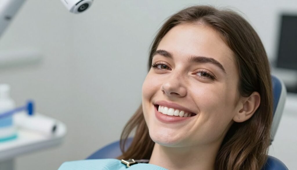 Happy patient showing bright white smile after successful dental laser whitening treatment Happy patient showing bright white smile after successful dental laser whitening treatment