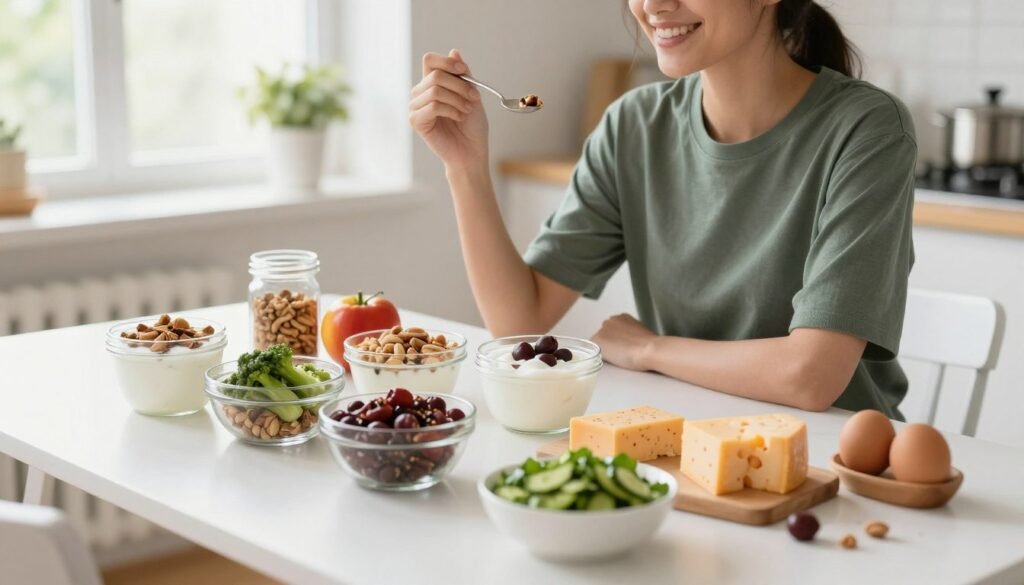 Happy person enjoying a variety of healthy high-protein snacks Happy person enjoying a variety of healthy high-protein snacks