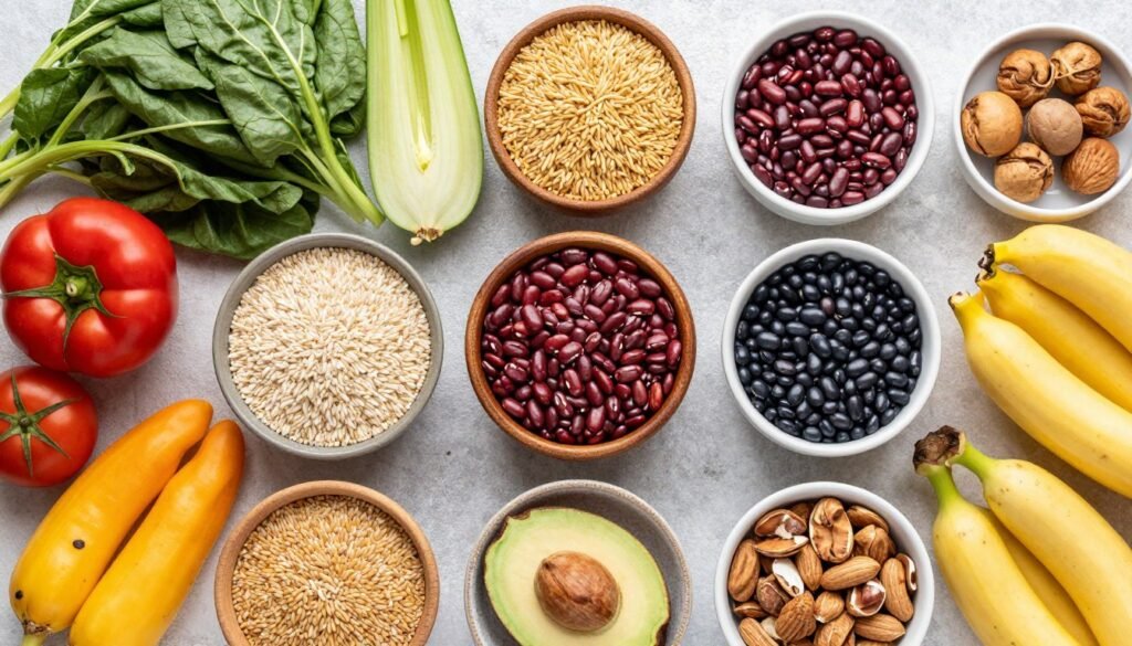 High fiber foods including vegetables, fruits, and whole grains High fiber foods including vegetables, fruits, and whole grains