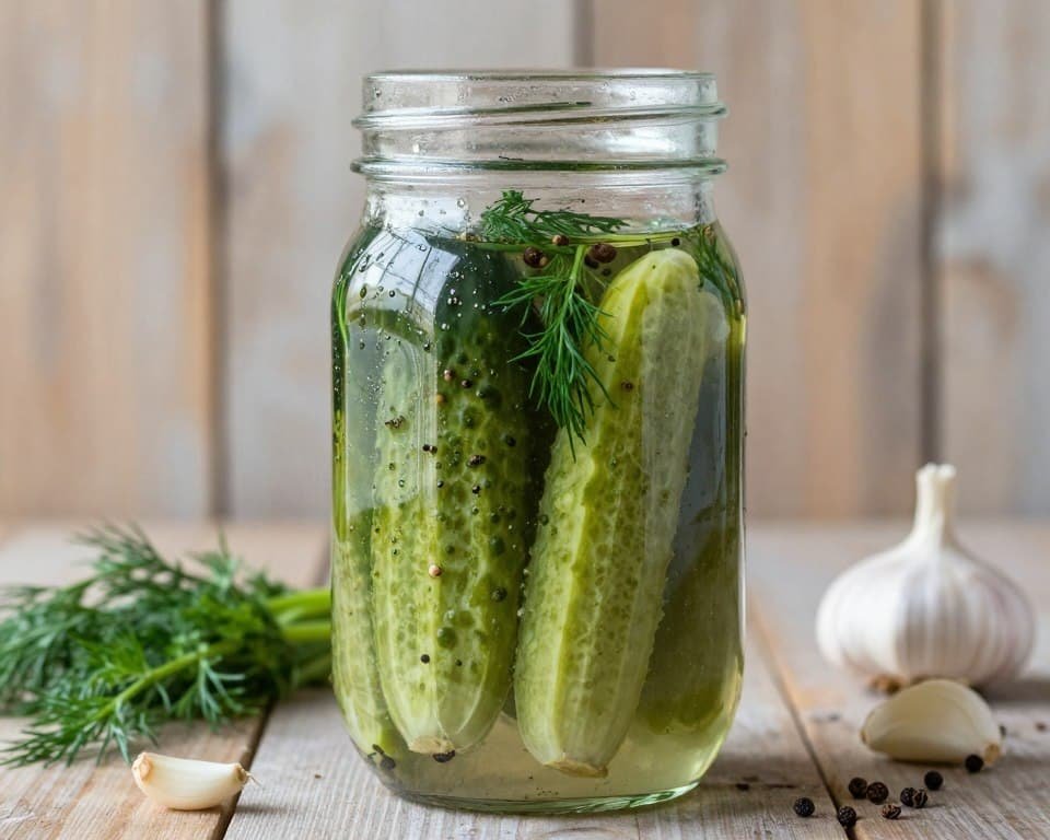 Homemade lacto-fermented pickles in glass jar showing live culture activity