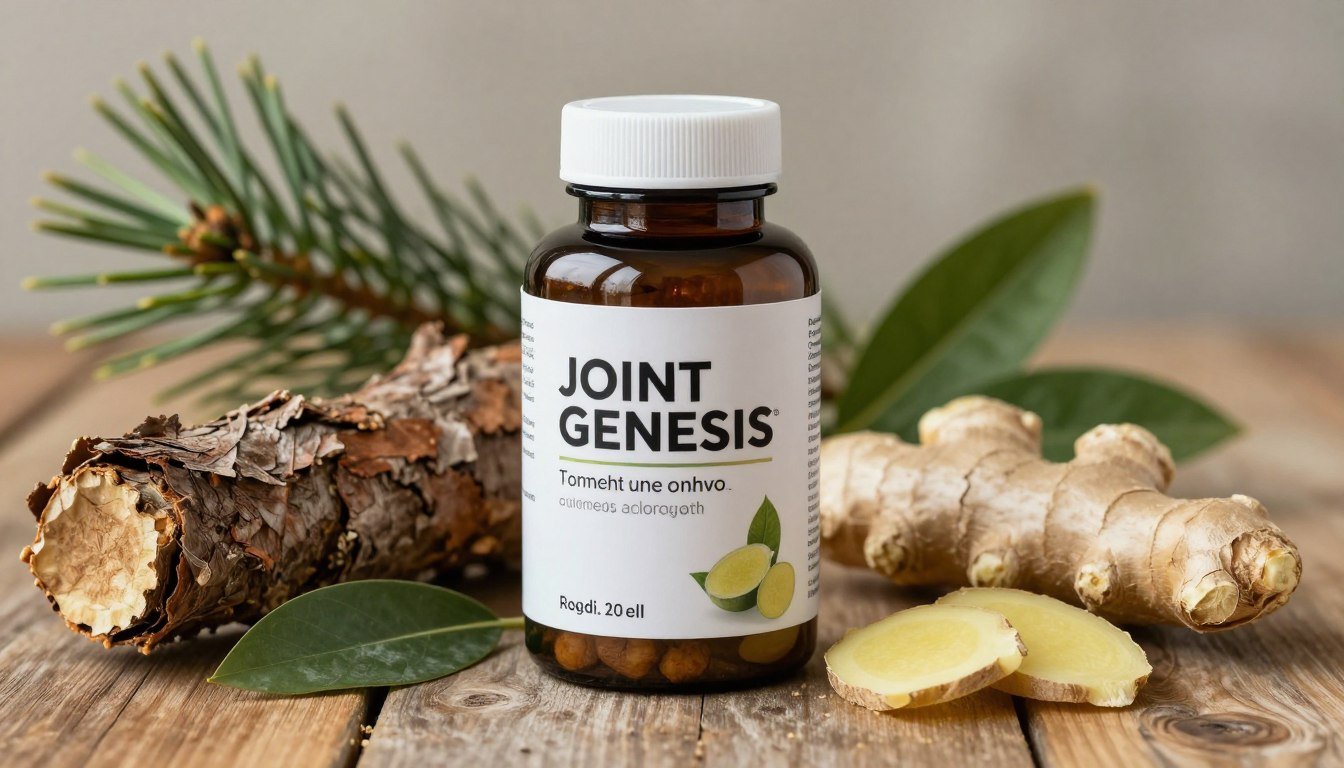 Joint Genesis supplement bottle with natural joint health ingredients displayed on wooden surface