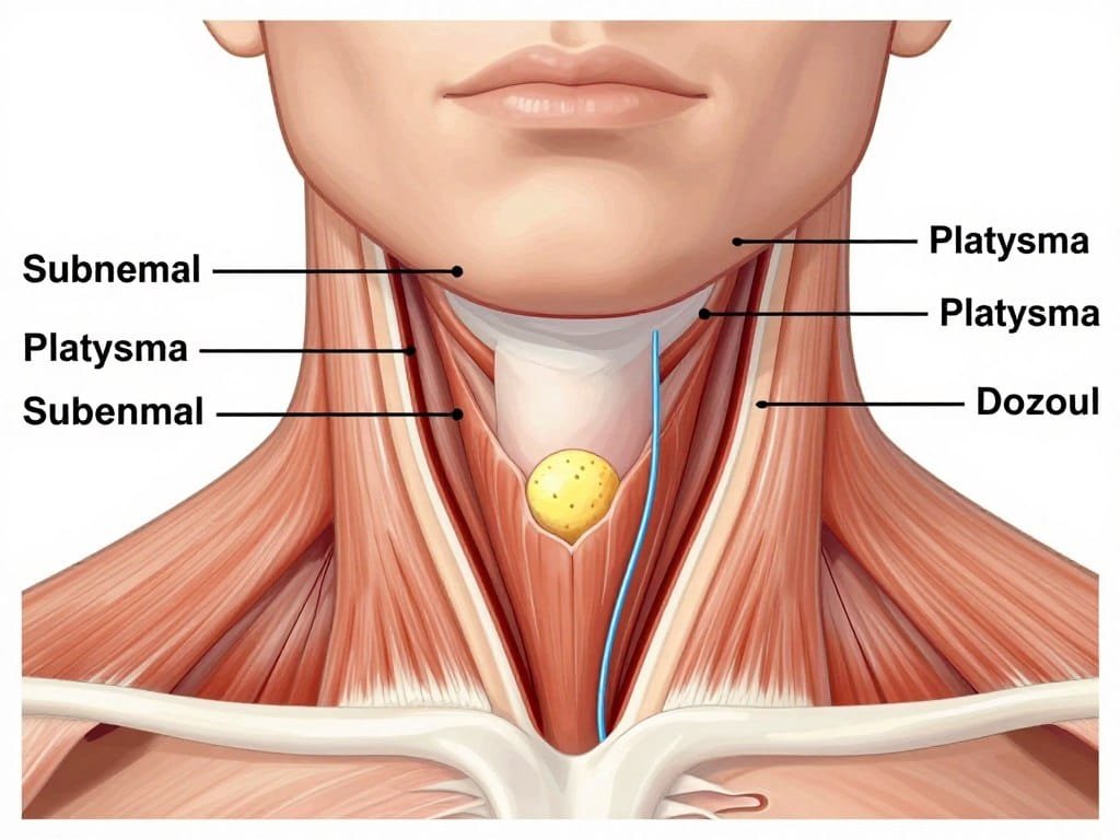 Medical diagram showing neck fat anatomy and areas where fat accumulates Medical diagram showing neck fat anatomy and areas where fat accumulates