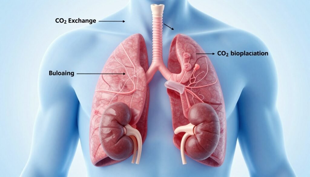 Medical illustration showing how lungs and kidneys regulate CO2