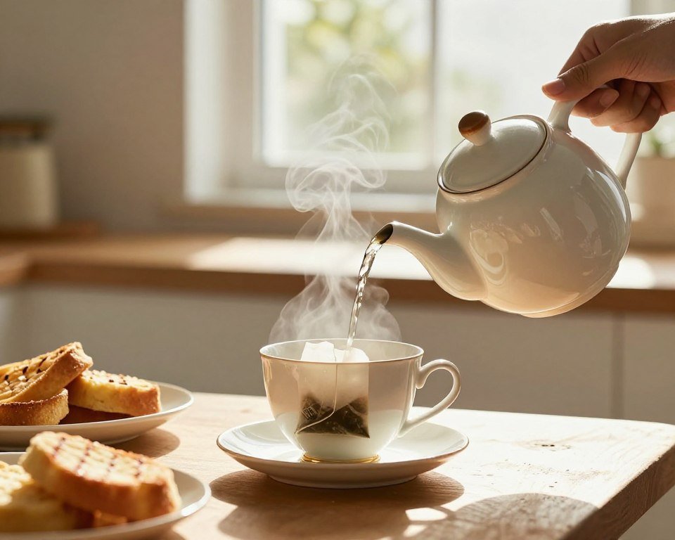Morning tea preparation with hot water and tea bag