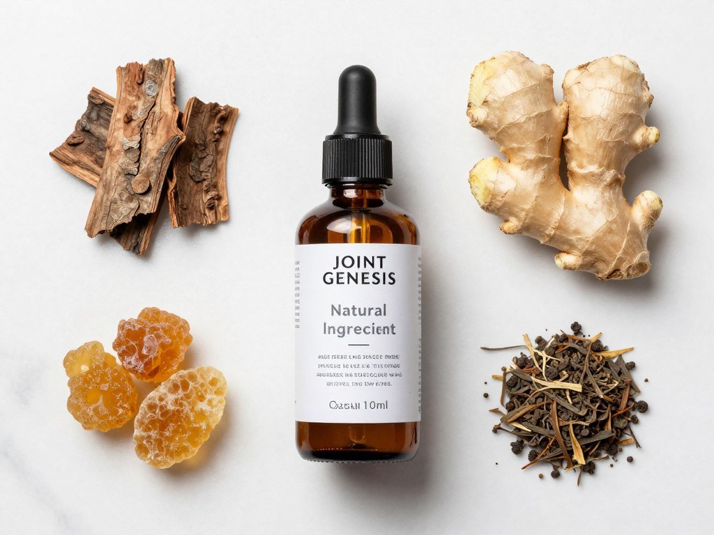 Natural Joint Genesis ingredients including pine bark, ginger root, and botanical extracts arranged artistically Natural Joint Genesis ingredients including pine bark, ginger root, and botanical extracts arranged artistically