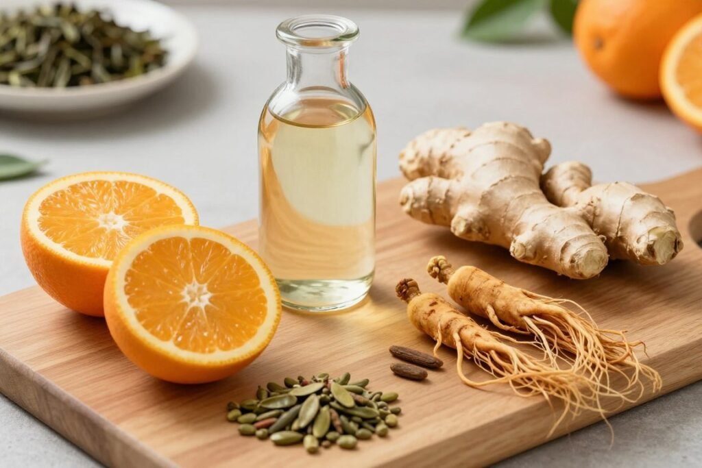 Natural ingredients in CitrusBurn including citrus, ginger, and green tea