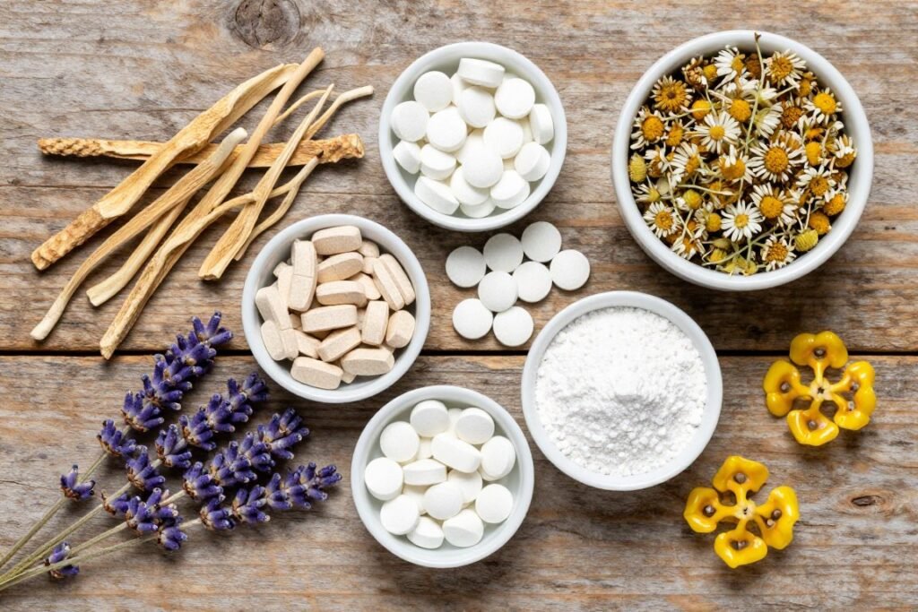 Natural sleep supplement ingredients including melatonin, valerian root, chamomile, and magnesium