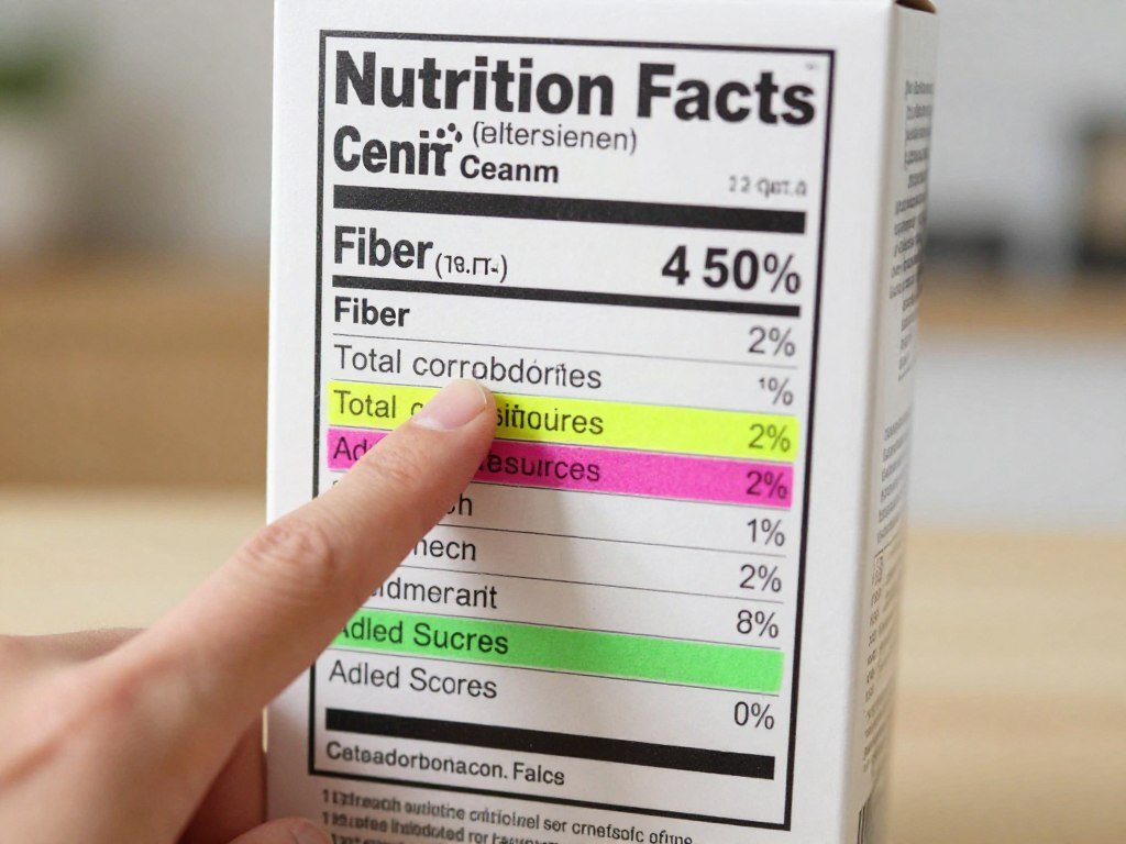 Nutrition facts label on cereal box highlighting fiber, sugar, and carbohydrate content for diabetic meal planning Nutrition facts label on cereal box highlighting fiber, sugar, and carbohydrate content for diabetic meal planning