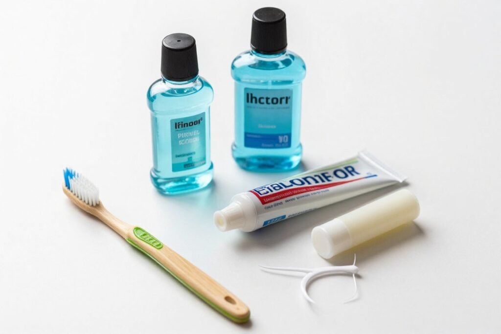 Oral hygiene products including soft toothbrush and gentle mouthwash Oral hygiene products including soft toothbrush and gentle mouthwash