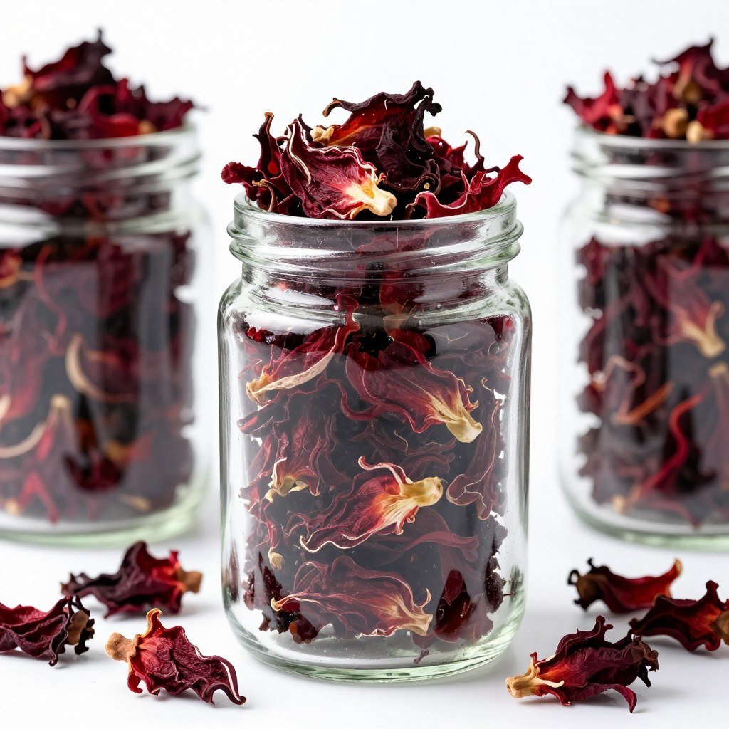 Organic hibiscus tea flowers in glass jar