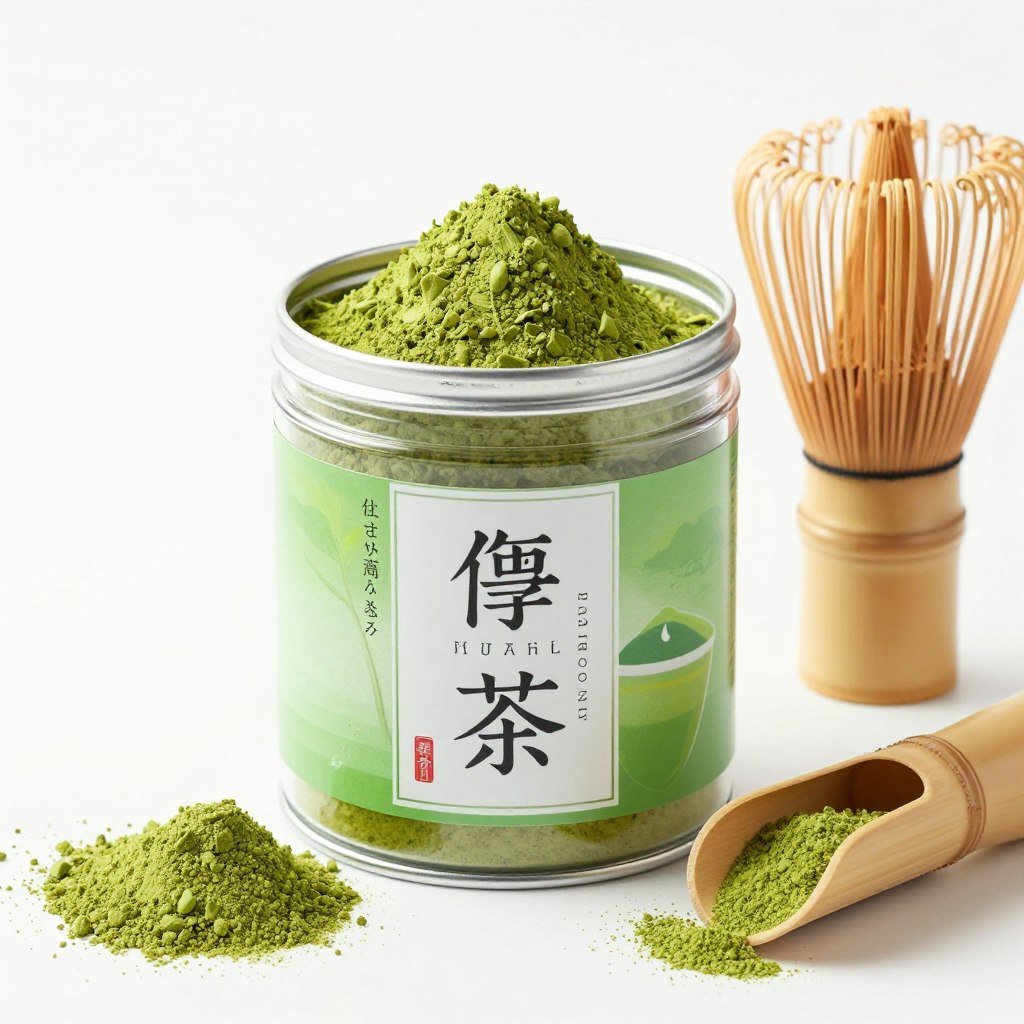 Organic matcha green tea powder in traditional container with bamboo accessories