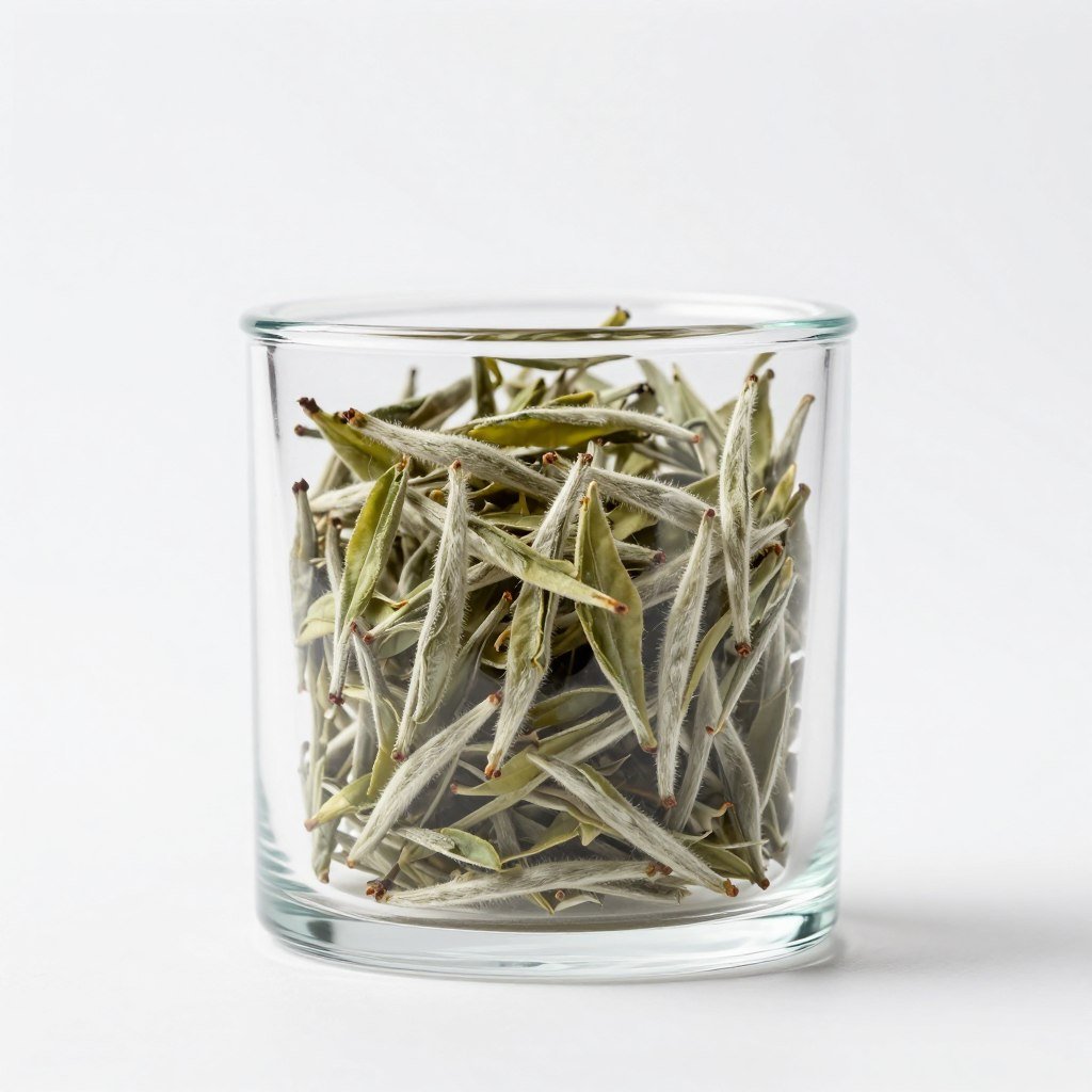 Organic white tea silver needle in clear display container