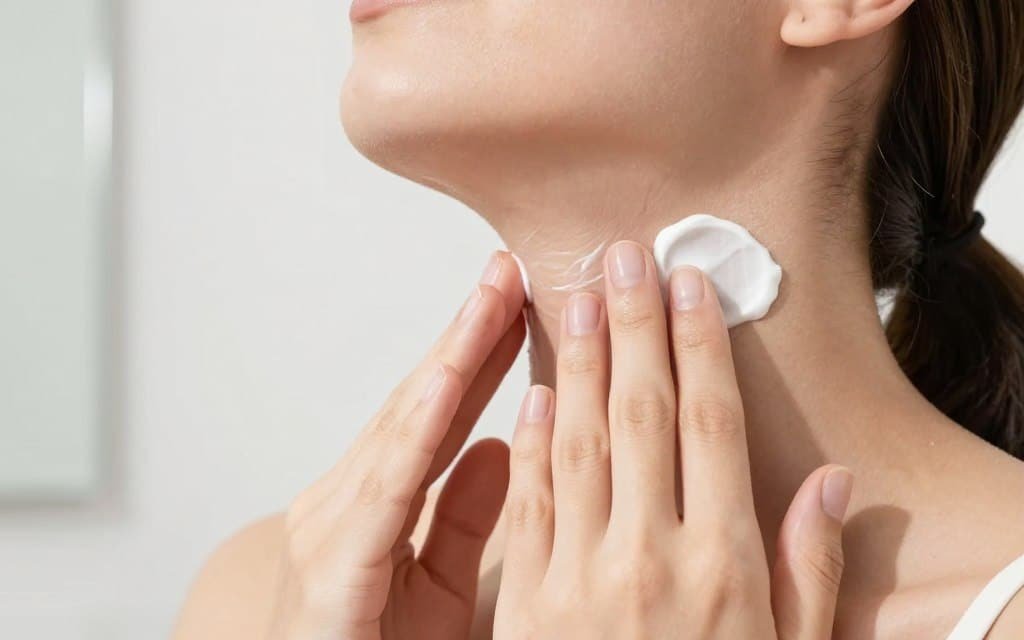 Person applying skincare products to neck area for improved skin firmness Person applying skincare products to neck area for improved skin firmness