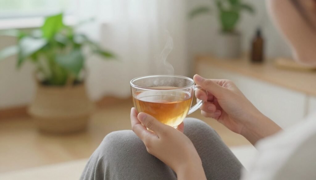 Person enjoying a peaceful moment with a cup of tea in a healthy lifestyle setting Person enjoying a peaceful moment with a cup of tea in a healthy lifestyle setting