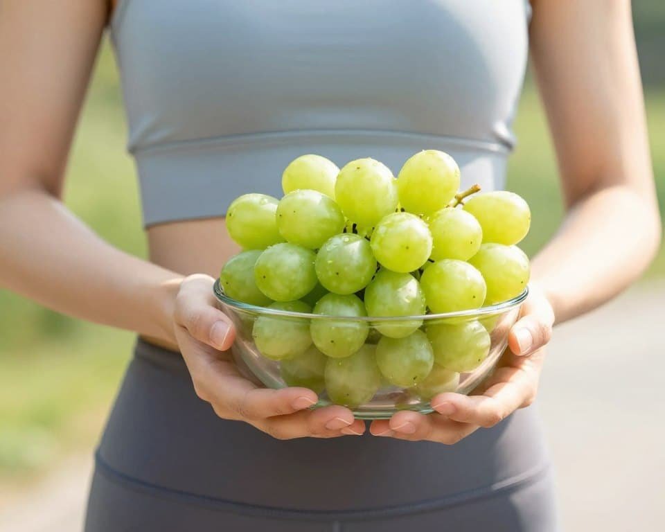 Person enjoying healthy lifestyle with green grapes