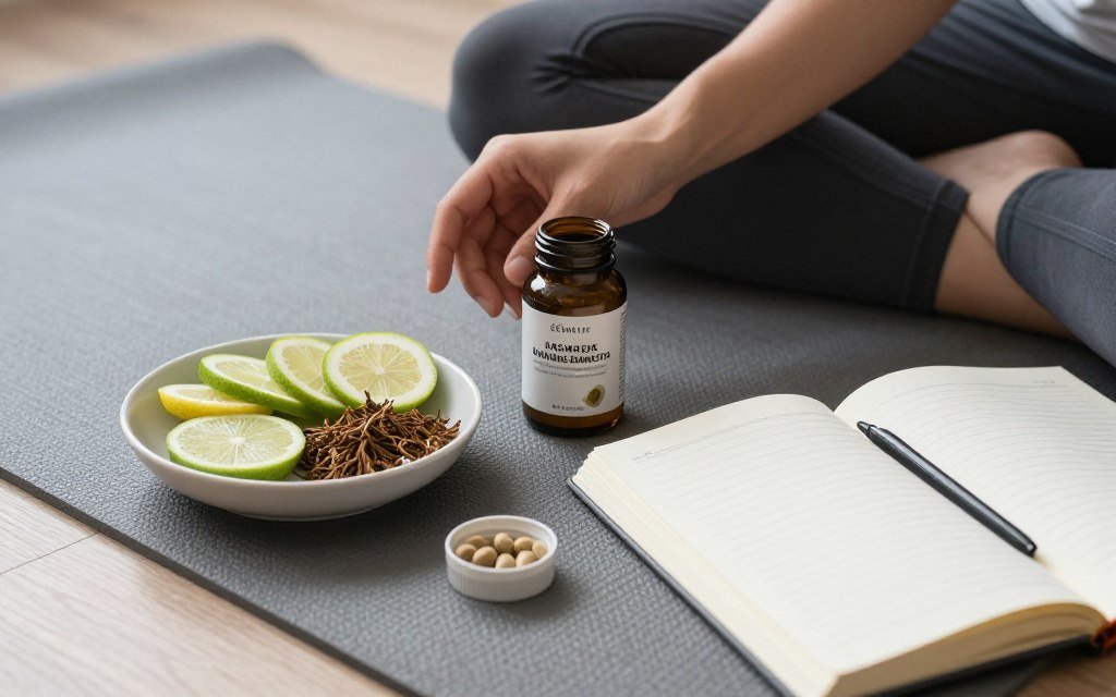 Person making healthy lifestyle choices with ashwagandha as supportive tool Person making healthy lifestyle choices with ashwagandha as supportive tool
