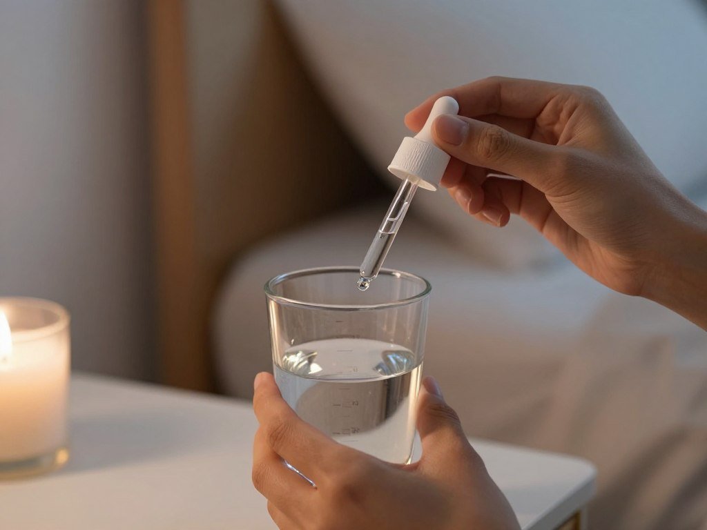 Person taking YU SLEEP liquid sleep supplement with dropper before bedtime