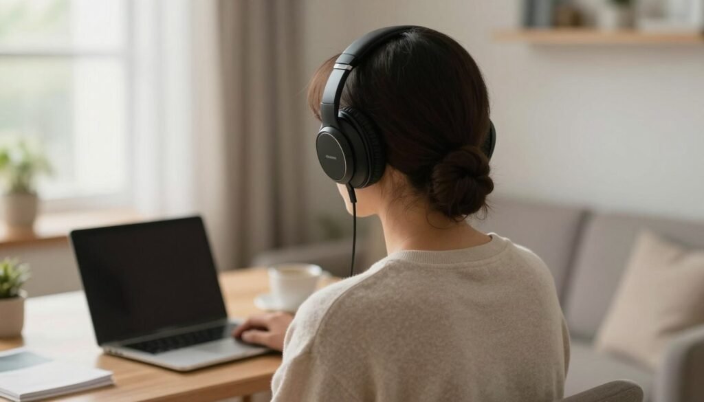 Person using Memory Wave with headphones in peaceful setting