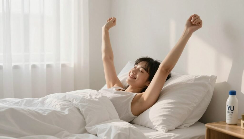Person waking up refreshed after quality sleep with natural sleep supplement