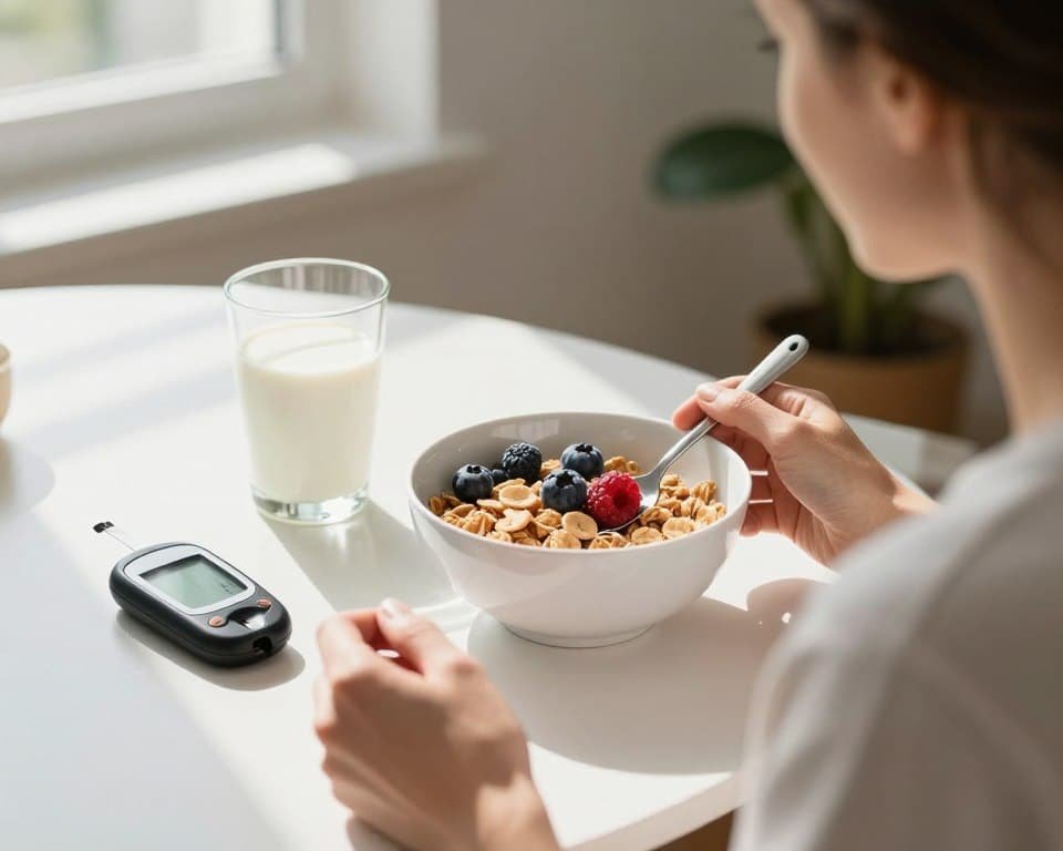 Person with diabetes enjoying healthy breakfast cereal with fresh fruit and measuring blood sugar levels Person with diabetes enjoying healthy breakfast cereal with fresh fruit and measuring blood sugar levels