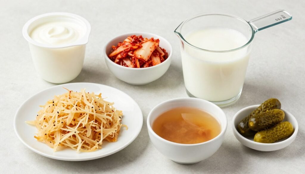 Proper serving sizes of various fermented foods for gut health displayed on plates