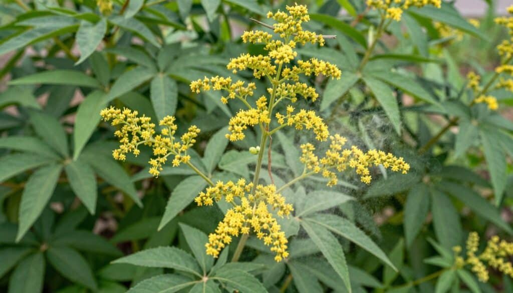 Ragweed plant in full bloom releasing pollen that causes allergies in august Ragweed plant in full bloom releasing pollen that causes allergies in august