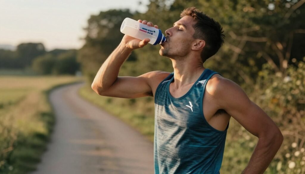 Runner hydrating with sports drink during outdoor training run Runner hydrating with sports drink during outdoor training run