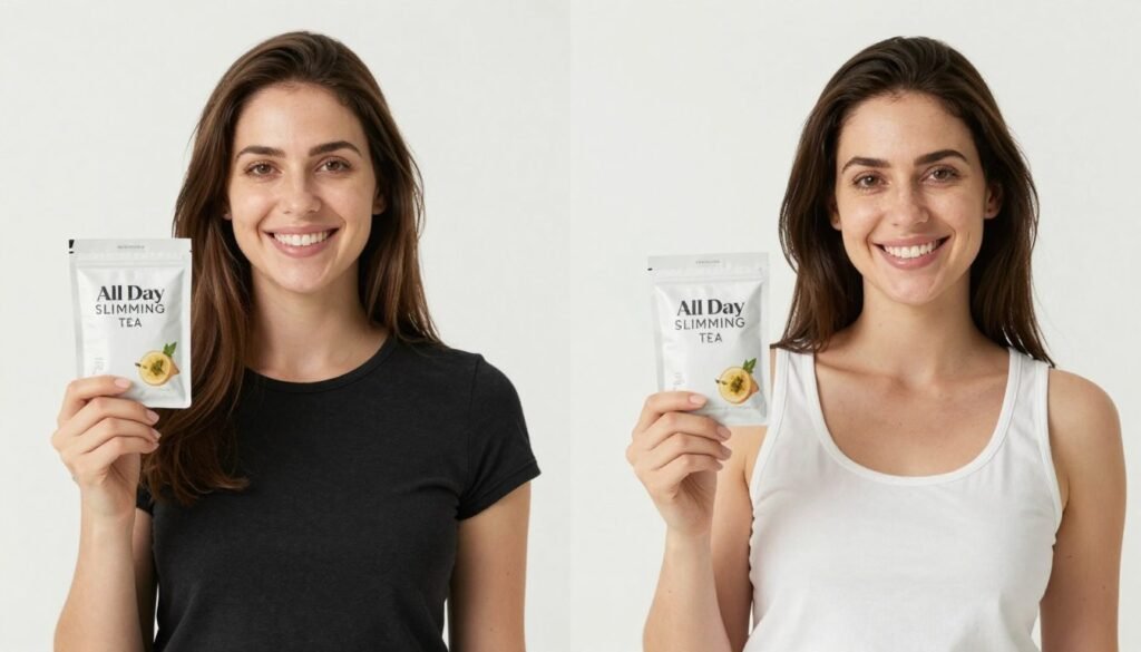 Satisfied customer with All Day Slimming Tea showing positive results