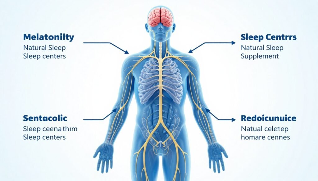 Scientific diagram showing how YU SLEEP ingredients support the nervous system and sleep cycle
