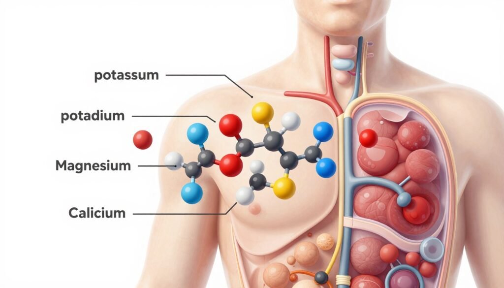 Scientific illustration of electrolyte minerals in human body including potassium, sodium, and magnesium Scientific illustration of electrolyte minerals in human body including potassium, sodium, and magnesium
