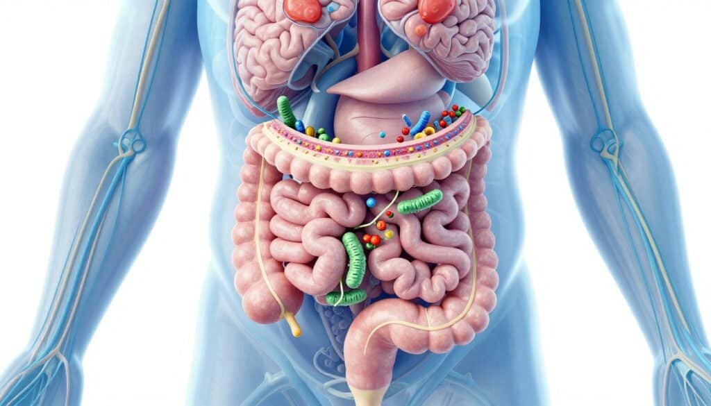 Scientific illustration of the human gut microbiome showing beneficial bacteria and digestive system health