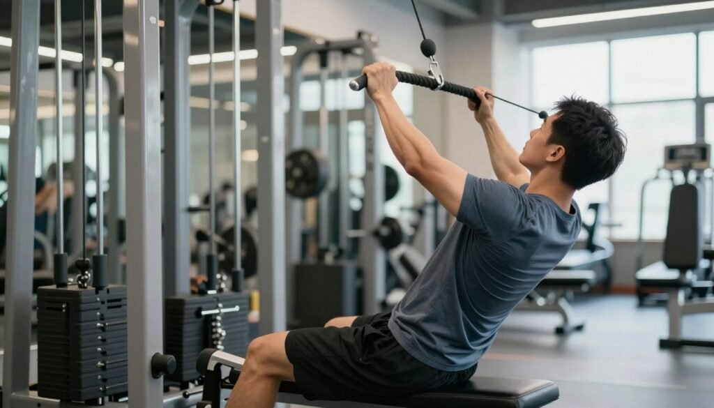Seated cable face pull exercise showing proper elbow and rope position Seated cable face pull exercise showing proper elbow and rope position