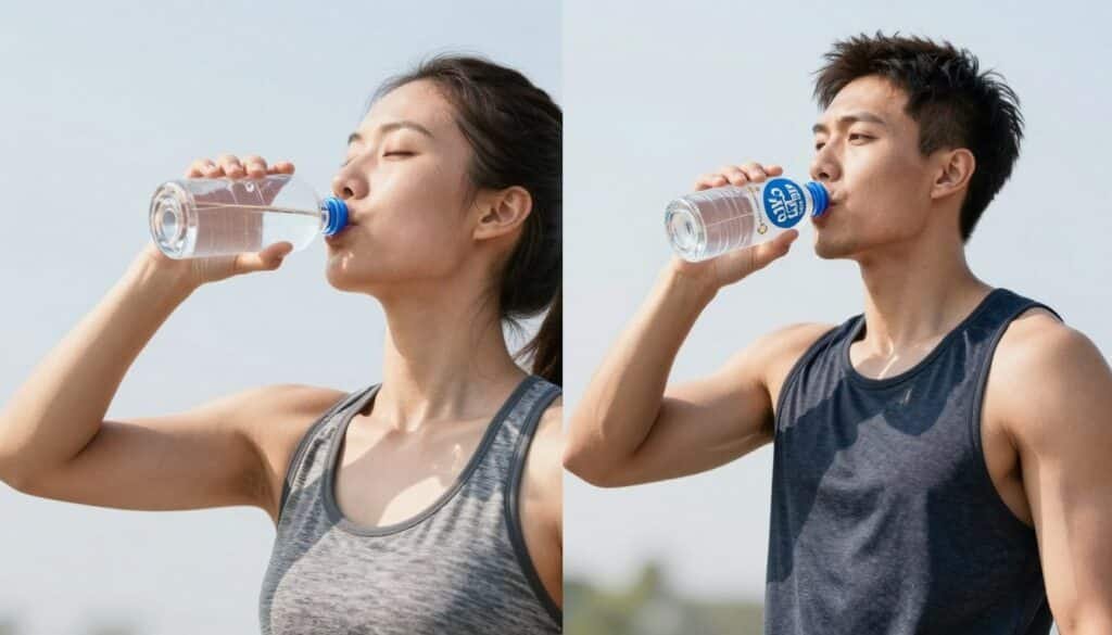 Split image comparing scenarios for water versus electrolyte drink consumption Split image comparing scenarios for water versus electrolyte drink consumption