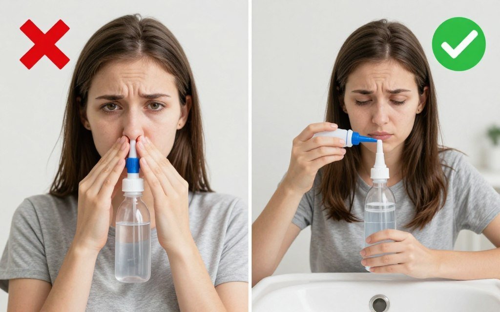 Split image showing incorrect versus correct nasal irrigation technique Split image showing incorrect versus correct nasal irrigation technique