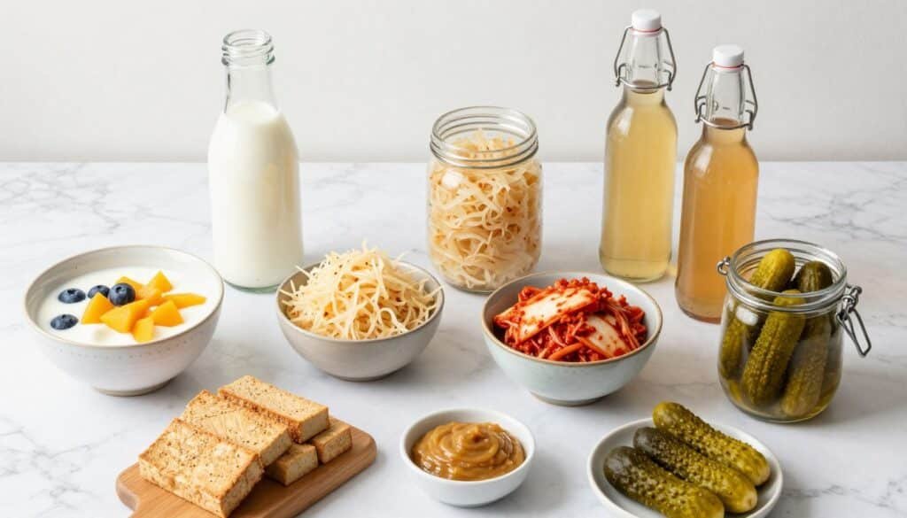 Top fermented foods for gut health displayed in bowls and jars on kitchen counter