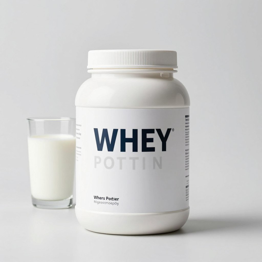 Whey protein powder container with milk in background Whey protein powder container with milk in background
