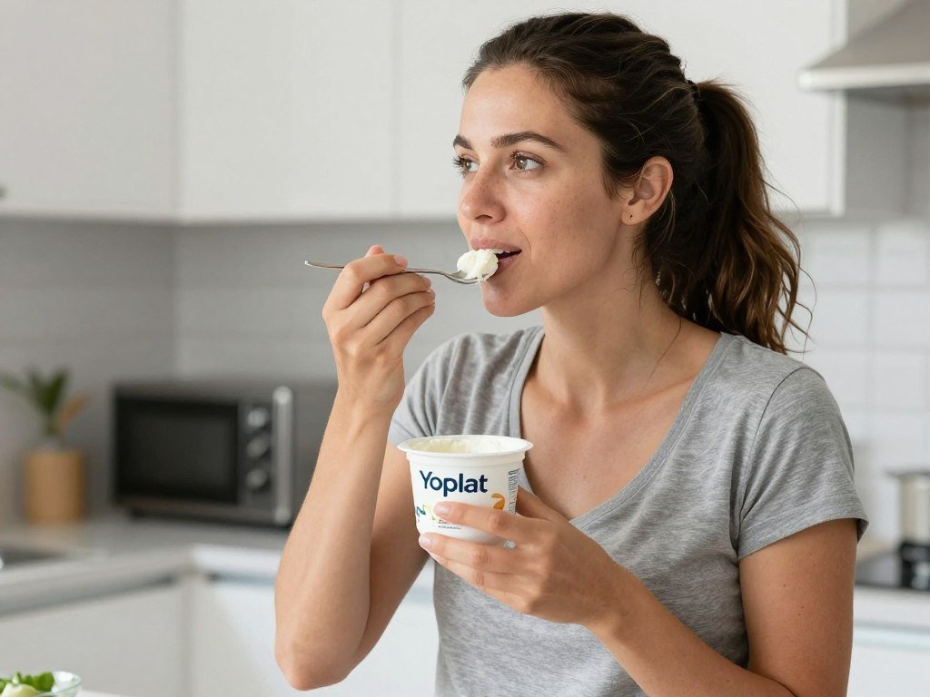 Woman enjoying Yoplait yogurt as a healthy snack
