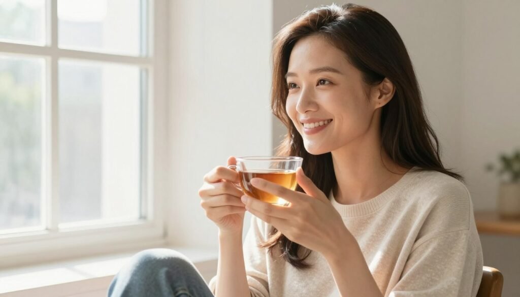 Woman enjoying morning tea showing energy and vitality