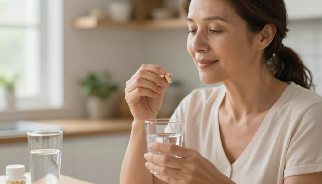 Woman taking supplement capsule with water Woman taking supplement capsule with water