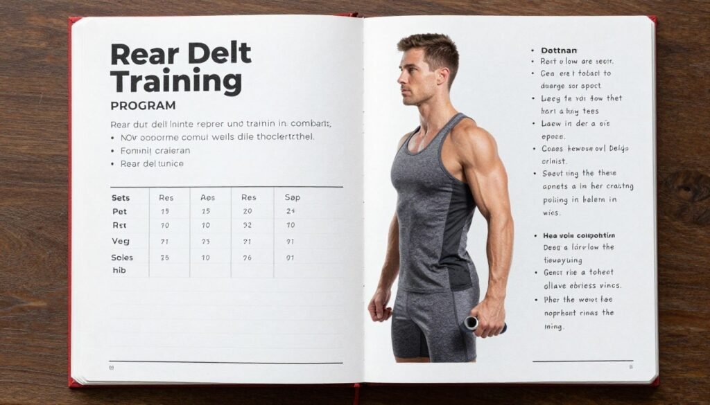 Workout routine written on training log with rear delt exercises highlighted Workout routine written on training log with rear delt exercises highlighted