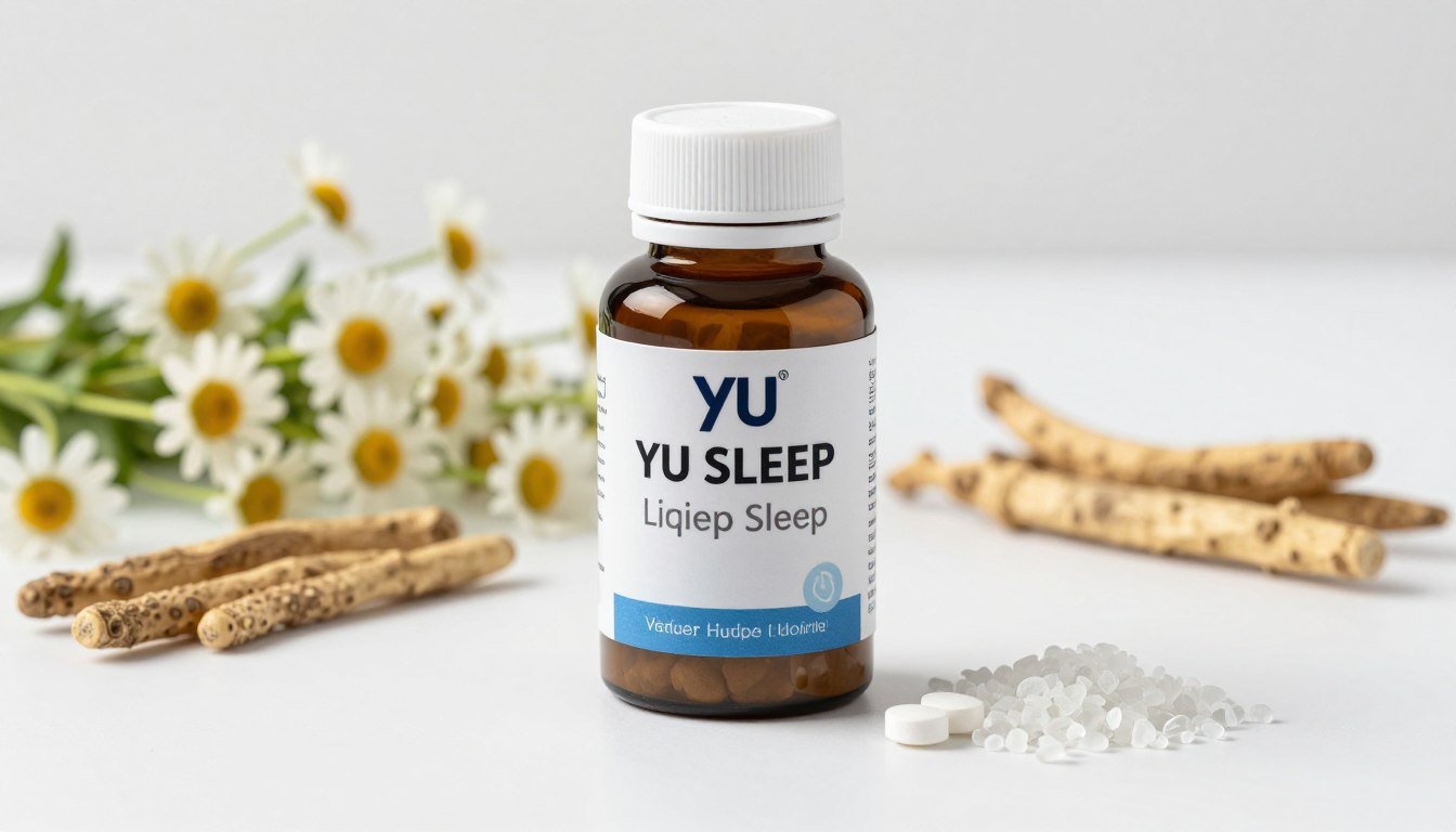 YU SLEEP liquid sleep supplement bottle with natural sleep ingredients display