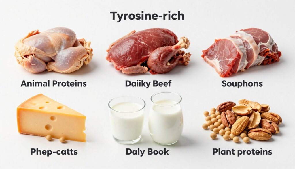 categorized display of tyrosine-rich protein sources including meat, dairy and plant proteins categorized display of tyrosine-rich protein sources including meat, dairy and plant proteins
