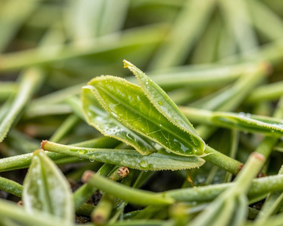 close-up of sencha green tea leaves