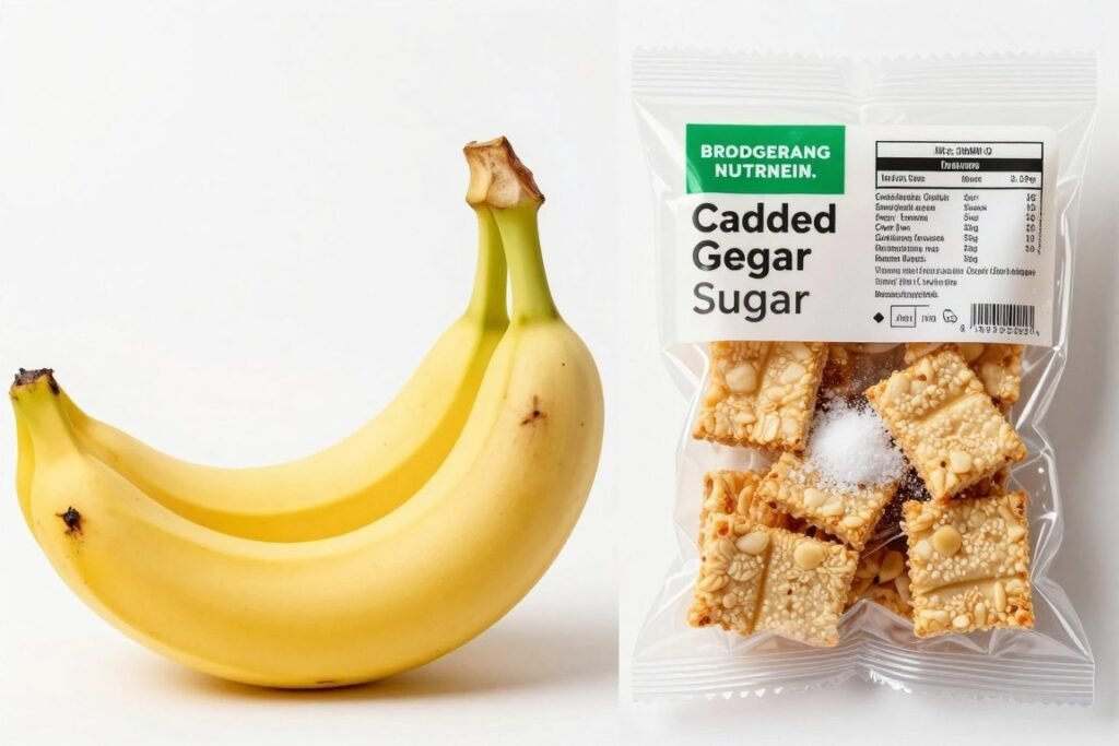 comparison display showing natural fruit sugars versus added sugars in processed foods comparison display showing natural fruit sugars versus added sugars in processed foods