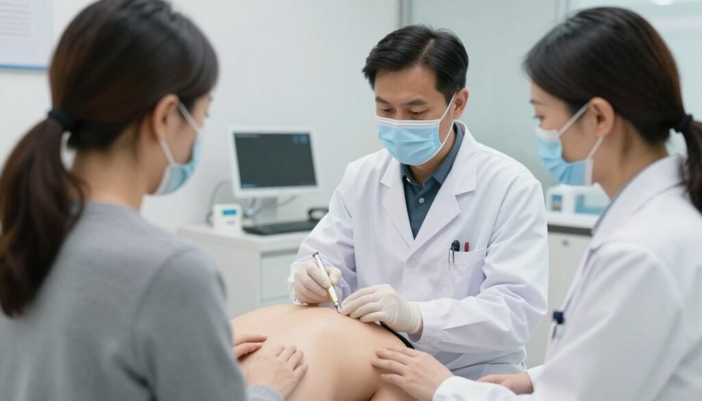 doctor examining patient with skin condition doctor examining patient with skin condition