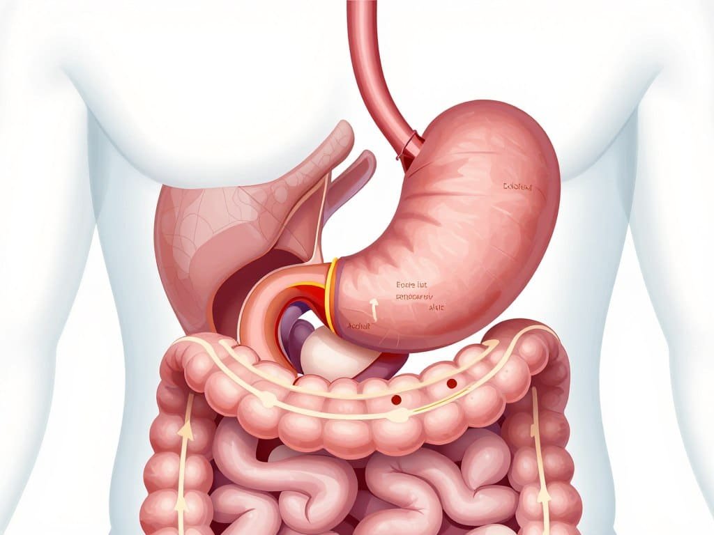 medical illustration showing digestive system with focus on esophagus and stomach acid